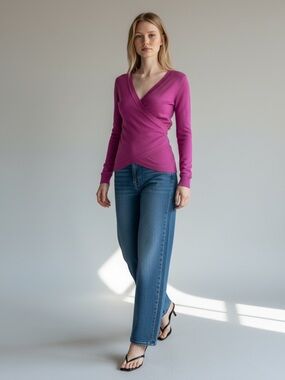 Ricki’s Fuschia Pink Wrap Front Sweater Deep V Neck Thin Knit Stretch Fit XS